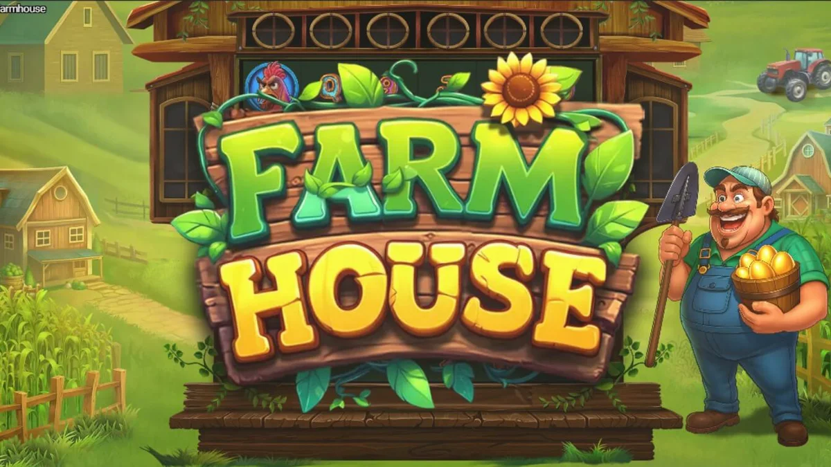 Tampilan visual slot Farm House dengan grid 6x6 dan simbol hewan ternak yang ceria.