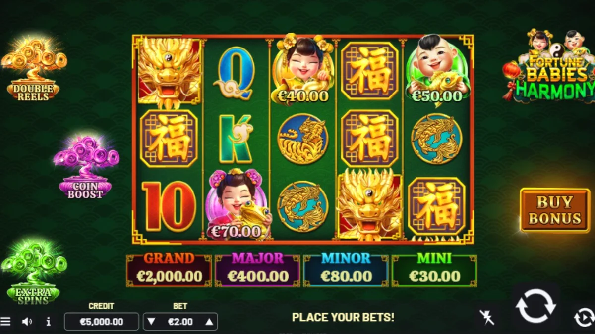 Tampilan visual slot Fortune Babies – Harmony dengan karakter bayi lucu dan simbol keberuntungan Tiongkok